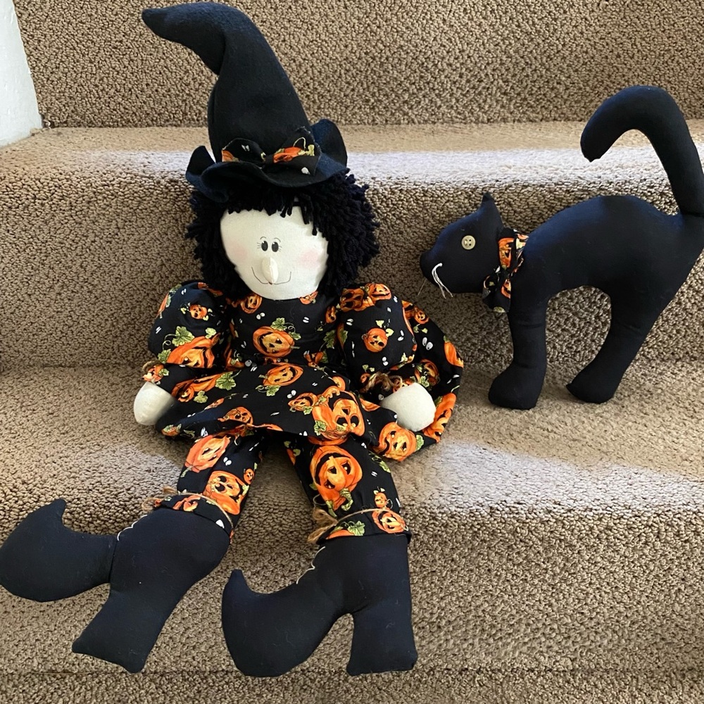 27” Halloween Witch Doll & Stuffed Black Scaredy Cat Pillow Halloween